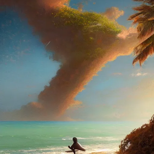 Prompt: A beautiful painting of a singular Jamaican woman at the edge of the sea by Greg Rutkowski and Thomas Kinkade, Trending on Artstation cinematic 4k wallpaper, 8k, ultra detailed, high resolution, artstation, award winning