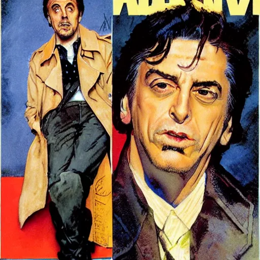 Image similar to full body and head portrait of al pacino in tattered suit and trench coat, dynamic action, painted by norman rockwell and phil hale and greg staples and tom lovell and frank schoonover and jack kirby