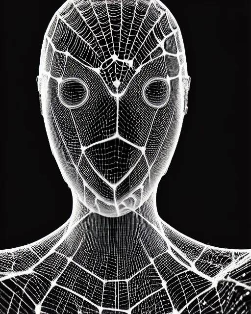 Image similar to black and white cyborg-plant goddess high quality photo, artificial intelligence, bio-mechanical bio-luminescence, artificial complex spider web, neurons, nerve cells, octane render, cinematic, rim light, hyper realism, photo-realistic, high detail, 8k, in the style of Steven Meisel and Dora Maar and H.G. Giger