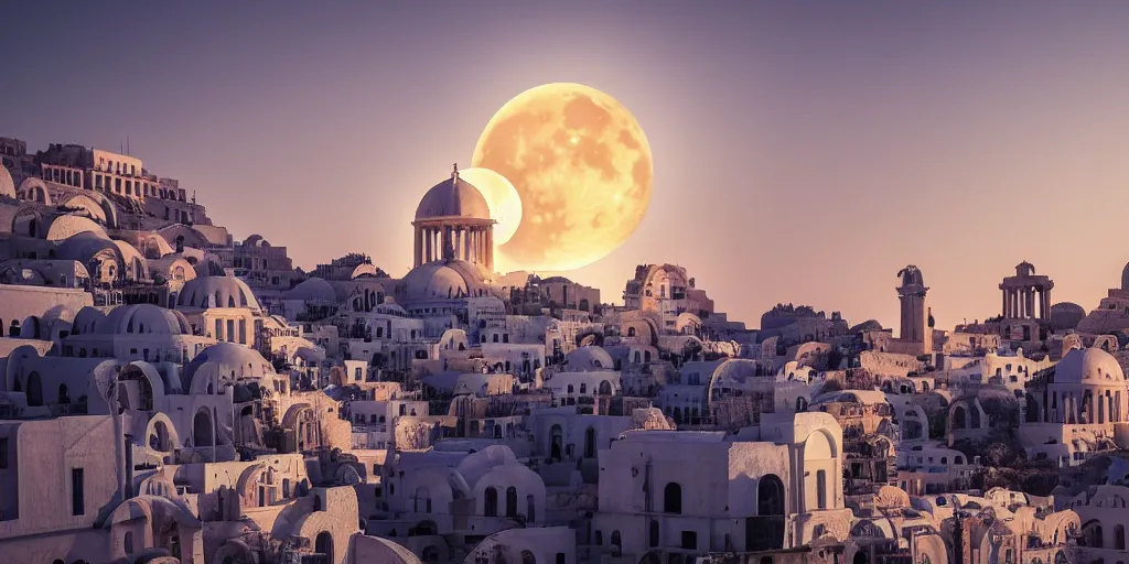 Image similar to human futuristic city, highly detailed,, beautiful architecture greek style, si - fi, golden hour light, two moon on the sky, 8 k, sharp focus, cinematic