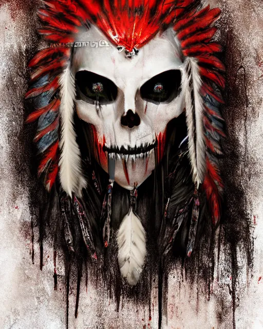 Image similar to the ghost - spirit of the grim - warpaint wears the scarlet skull armor and native blood headdress feathers, midnight fog - mist!, dark oil painting colors, realism, cinematic lighting, various refining methods, micro macro autofocus, ultra definition, award winning photo