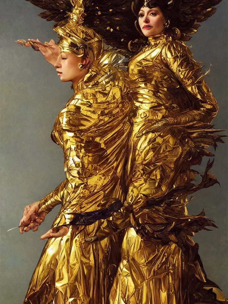 Prompt: portrait of a beautiful queen in winged golden armor, with luminous eyes , full-length, oil painting , very detailed, out of focus background, painted by Caravaggio, Greg rutkowski, Sachin Teng, Thomas Kindkade, Alphonse Mucha, Norman Rockwell, Tom Bagshaw