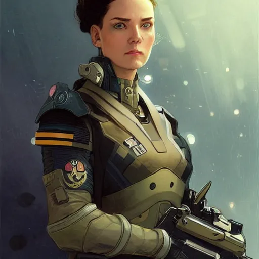 Image similar to woman dressed in scifi military uniform and armor with black hair and blue eyes, elegant, digital illustration, detailed, intricate, sharp focus, digital painting, deep focus, digital painting, artstation, concept art, matte, art by artgerm and greg rutkowski and alphonse mucha