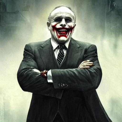 Prompt: Rudy Giuliani as The Joker in Christopher Nolan\'s The Dark Knight, cinematic movie poster, elegant, intricate, headshot, highly detailed, digital painting, artstation, concept art, sharp focus, illustration, art by artgerm and greg rutkowski and alphonse mucha