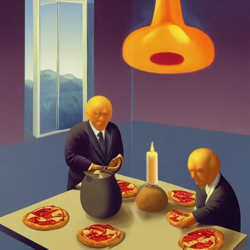 Image similar to A pizza seance, by Raphael Hopper, and Rene Magritte. Extremely Highly detailed, Occult, funny, humorous, humor, hilarious, funny, entertaining, magical, trending, influencer, Trending on artstationHQ