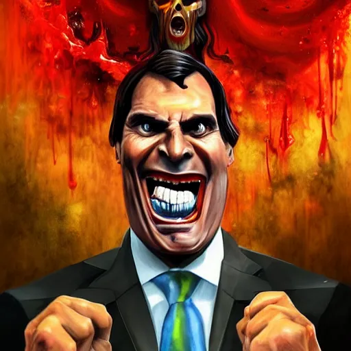 Prompt: horrifying portrait of dark - bolsonaro, soul redeemer smiling down from above, his gaping jaw dripping with his enemies blood, artstation