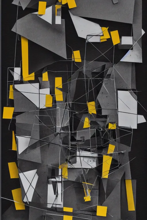 Prompt: rendered in blender artistic depiction of constructivist buildings, black background, collage paper and tape, acrylic on canvas, dadaism, high resolution, cinematic, unreal 6, breathtaking detailed, by ozdemir altan