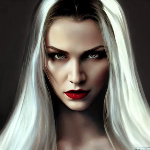 Prompt: close up face of a extremely beautiful sofia verga as a bond female vampire portrait, Masterpiece, oil on canvas, artgerm, norman rockwell, craig mulins, trending on pxiv,