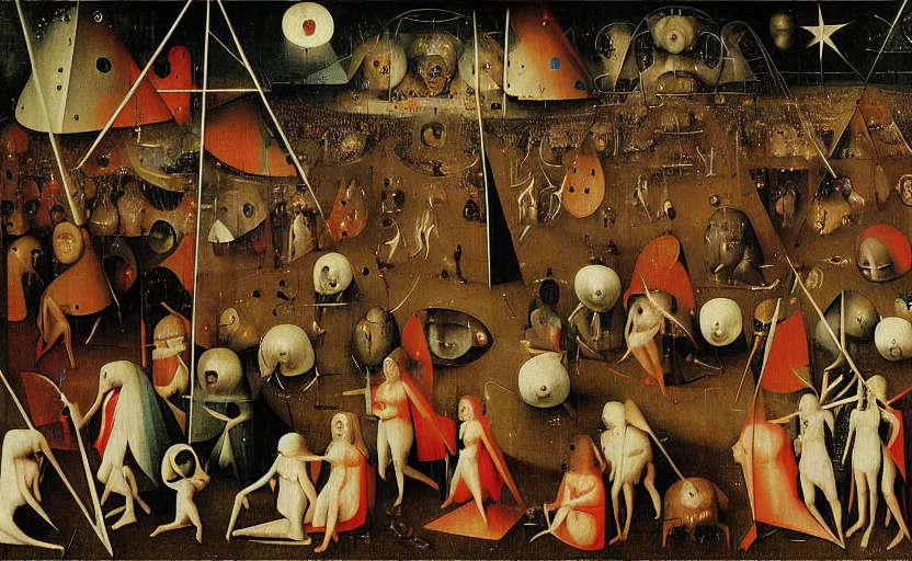 Prompt: geometric painting of an edm rave party by hieronymus bosch