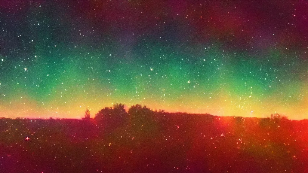 Image similar to double exposure of a beautiful golden hour welsh hill and beautifully enchanted fields, moonlight, aurora borealis, cosmic stars, grainy film, cinematic, haunted psychedelic VHS glitch