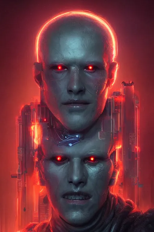 Image similar to head and shoulders render of man cyberpunk face ((glowing_red_eyes red emissives!)) android face inhuman creepy intimidating, exposed wiring bundle. detailed Tom Bagshaw and Greg Rutkowski and Alphonse Mucha Bladerunner 2049 artstation trending 165mm