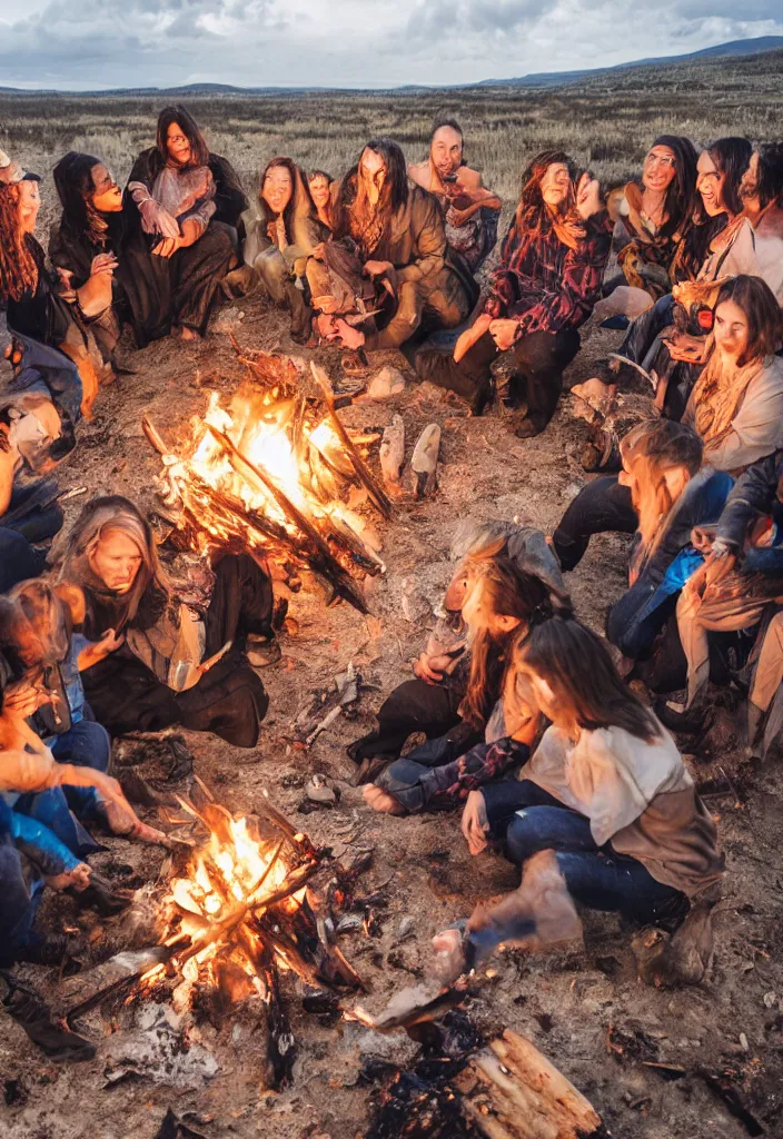 Image similar to realistic tribe gather around a bonfire with a pregnant woman as her leader, intense blue eyes, sharp, photography, antartic night, aerial race