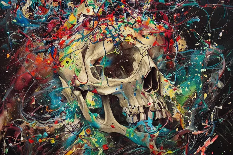 Image similar to a splattered action painting by jackson pollock showing a skull, ultradetailed, fine art painting, peter mohrbacher, moebius, skull carving, frottage, watercolor, acrylic, multilayered paint, spectacular splatter explosion, psychedelic art