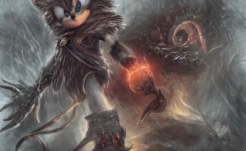 Image similar to sonic the hedgehog in bloodborne and elden ring, dark fantasy, moody