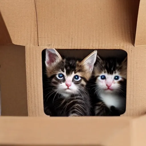 Image similar to a cardboard box, inside full of cute kittens