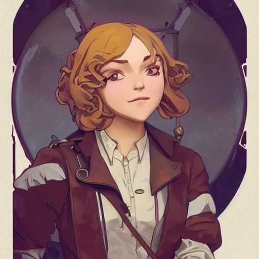 Image similar to Portrait of annasophia robb as an airship mechanic at her workbench, steampunk, defined facial features, highly detailed, crammed with details, artstation, official artbook, official Kyoto Animation and Studio Ghibli anime screenshot, by Ilya Kuvshinov and Alphonse Mucha