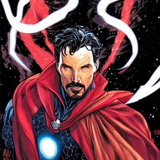 Image similar to Portrait of doctor strange in Iron man's armor, graphic novel, art by Ardian Syaf