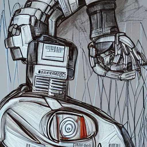 Image similar to robot sweating and drawing on a canvas, utopistic, concept art