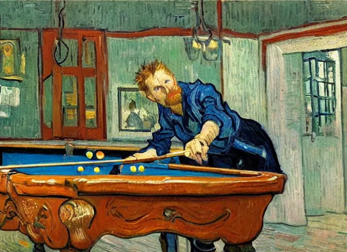 Image similar to a highly detailed beautiful portrait of van gogh playing pool, by gregory manchess, james gurney, james jean