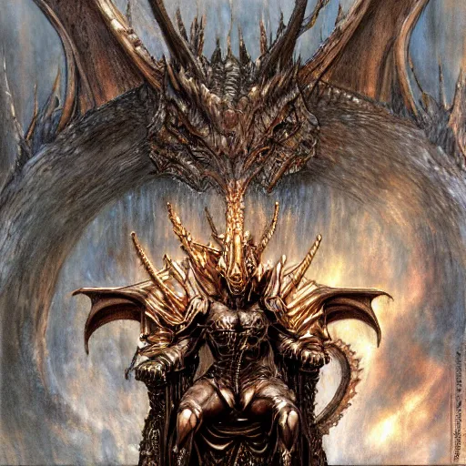 Prompt: dragon on the throne in the majestic throne room, great horns, armored, luminous scene, by luis royo, d & d character, highly detailed portrait, digital painting, artstation, concept art, smooth, sharp focus illustration, artstation hq