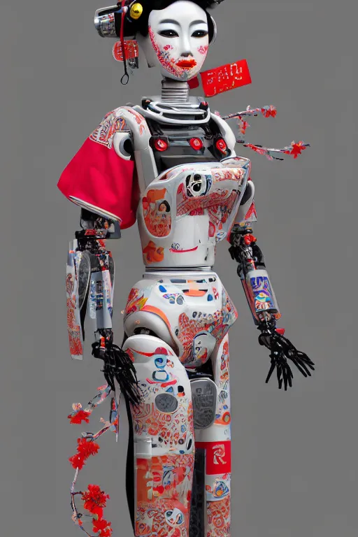 Image similar to full body portrait of a Japanese robot geisha with kanji tattoos and decals wearing a digital pixelated kimono, intricate design, photorealistic, octane render, raytraced, ultra fine detailed, character design, trending on artstation