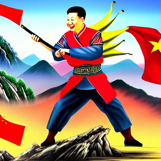 Image similar to Chinese president, battle, bananas weapon, dragon, mountains background, fighting stance, painting