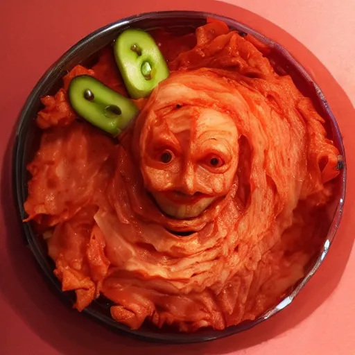Image similar to an ominous terrifying being made of kimchi and hatred