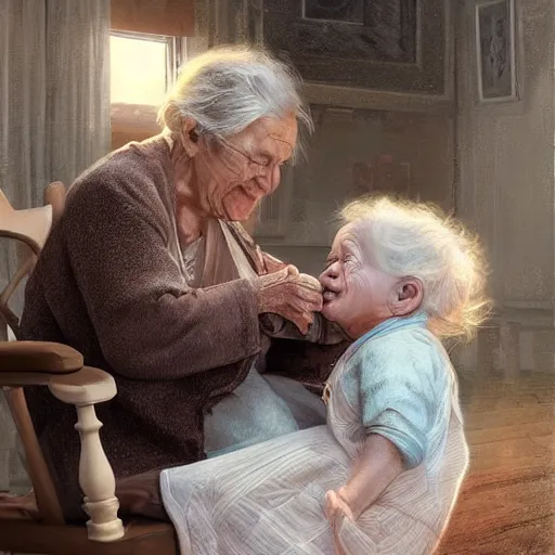 Image similar to epic cinematic hyperrealism masterpiece where a very old woman appears sitting on a rocking chair hugging a 3 year old girl both are white. realistic poster with shaded lighting by craig mallismo, artgerm, jeremy lipkin and michael garmash, unreal engine, radiant light, detailed and complex environment, digital art, art station trends