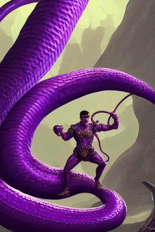 Image similar to male fighter in front of a giant purple worm, fantasy, intricate, elegant, highly detailed, digital painting, artstation, concept art, smooth, sharp focus, illustration, art by Jovan Delic