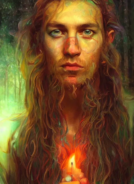 Prompt: full-length portrait of psychedelic shaman under fire light, highly detailed, sharp focused, ultra realistic digital concept art by Alyssa Monks, Charlie Bowater