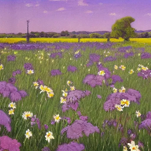 Image similar to a painting of purple flowers in a field, a matte painting by Edward Okuń, featured on deviantart, american impressionism, matte painting, anime aesthetic, matte drawing, pastel