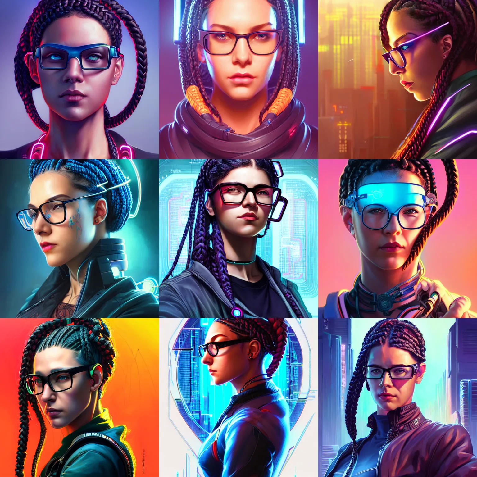 Prompt: modern female hacker with thick braids and glasses, cyberpunk, intricate, highly detailed, energetic, vivid colors, digital painting, artstation, concept art, smooth, sharp focus, illustration, Unreal Engine 5, 8K, art by artgerm and greg rutkowski and alphonse mucha