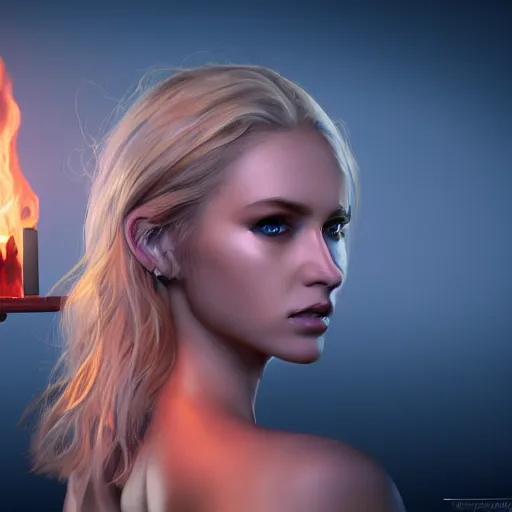 Prompt: during the end of the world beautiful young blonde woman from behind with flames in her hands, high detail, realistic, symmetrical face, art by unreal engine 5 art