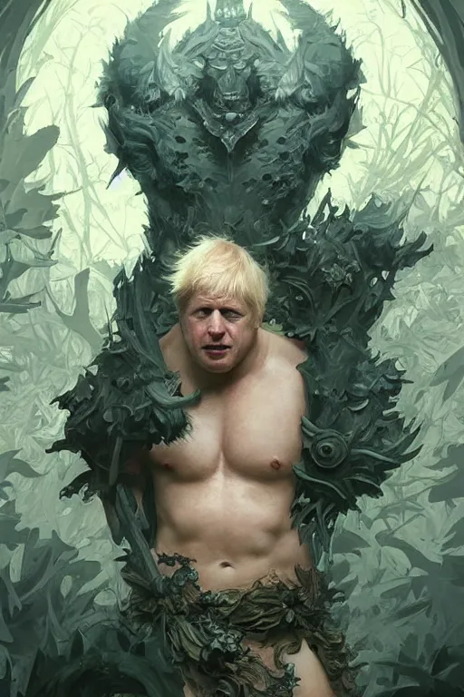 Image similar to portrait of boris johnson as a very pale hulking herculean demon, forest, godlike, full body, fantasy, intricate, elegant, highly detailed, digital painting, artstation, concept art, sharp focus, illustration, art by artgerm and greg rutkowski and alphonse mucha