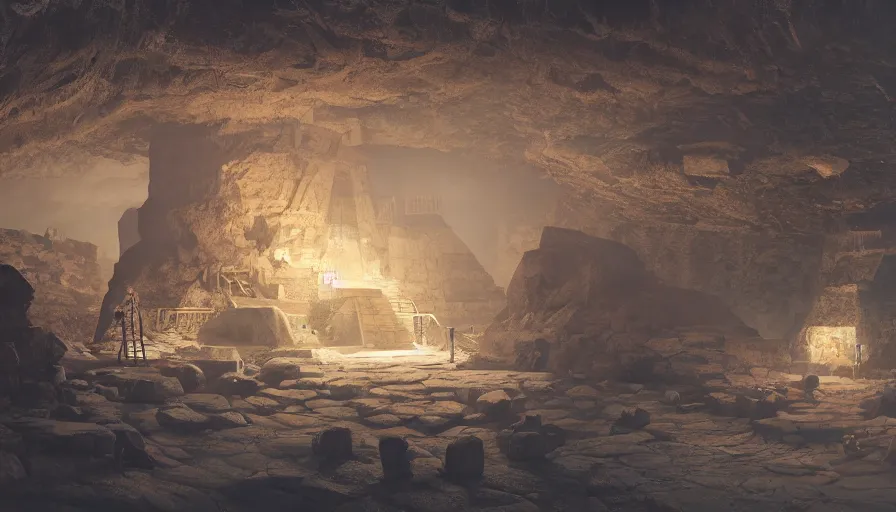 Prompt: A secret underground cave inside the Pyramids, Concept Art, Artstation, Hyperdetailed, Unreal Engine, Octane, Redshift, 4k