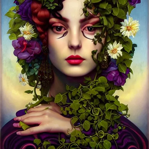 Image similar to dynamic composition, a painting of woman with hair of ( summer flowers )!! and vines wearing ornate earrings, ornate gilded details, a surrealist painting by tom bagshaw and jacek yerga and tamara de lempicka and jesse king, featured on cgsociety, pop surrealism, surrealist, dramatic lighting, wiccan, pre - raphaelite