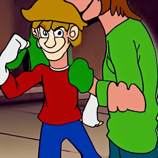 Image similar to shaggy rogers fighting ( ( ( mario ) ) )