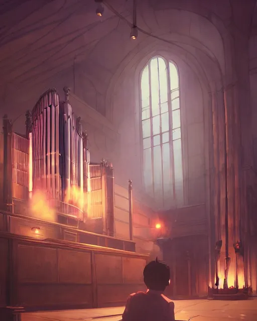 Image similar to pipe organ, single subject, smoke, ghosts, scenic full shot, ambient lighting, detailed face, by makoto shinkai, stanley artgerm lau, wlop, rossdraws