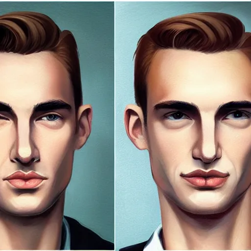 Image similar to tall man in his twenties slightly smiling with brown blond short quiff hair and thin slightly round facial structure with cleft chin, straight eyebrows and prominent bumpy nose, good definition of cheekbones, big hazel nut brown eyes, narrow face, slim body, atmospheric lighting, painted, intricate, 4 k, highly detailed by charlie bowater