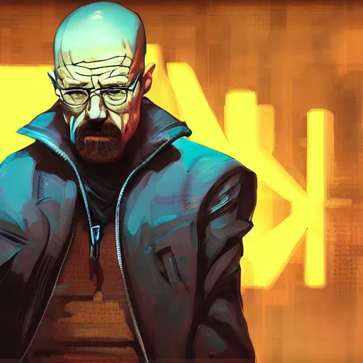 Prompt: high quality illustration, walter white pointing a gun, portrait, cyberpunk colors, neotrad, lois van baarle, moebius, league of legend, arcane style