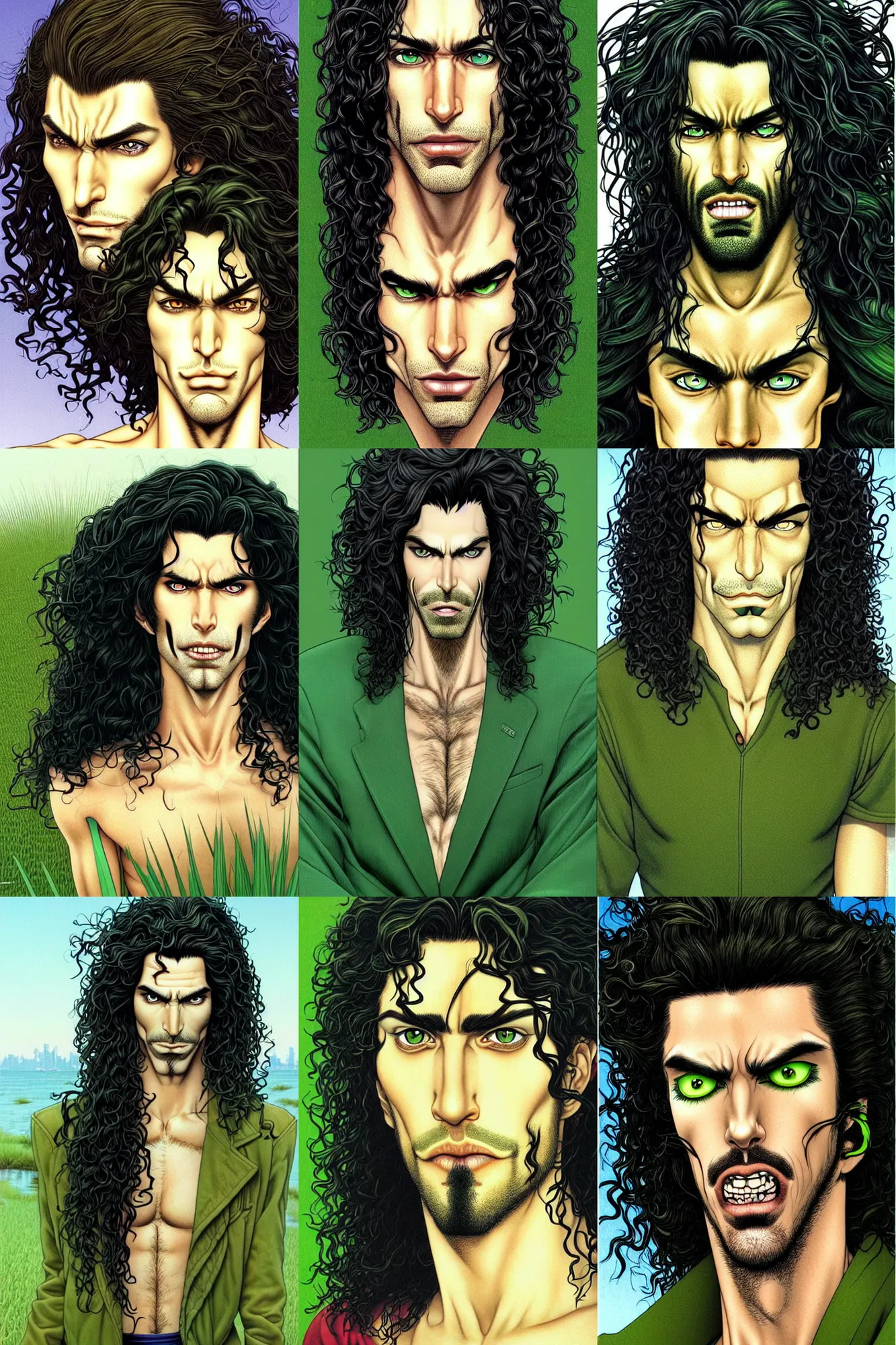 Prompt: handsome!! hyper realistic man with long black curly hair, tan skin, ( ( ( grassy ) ) ) colored iris ', green eyes!!!, anchor goatee, vampire | art by hirohiko araki & jean giraud & artgerm