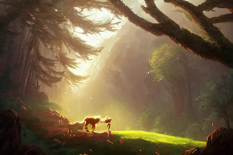 Image similar to a painting of an inn on top of a giant wolf walking through a magical forest, by andreas rocha, trending on artstation