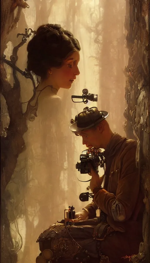 Image similar to hyper realistic photographer looking through camera, magical, steampunk, painted by norman rockwell, tom bagshaw, mucha, gaston bussiere, craig mullins, j. c. leyendecker 8 k