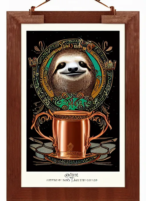 Image similar to sloth as the king of cups, copper cup, coper crown, poster framed, intricate details, medieval art style, high contrast, posterized