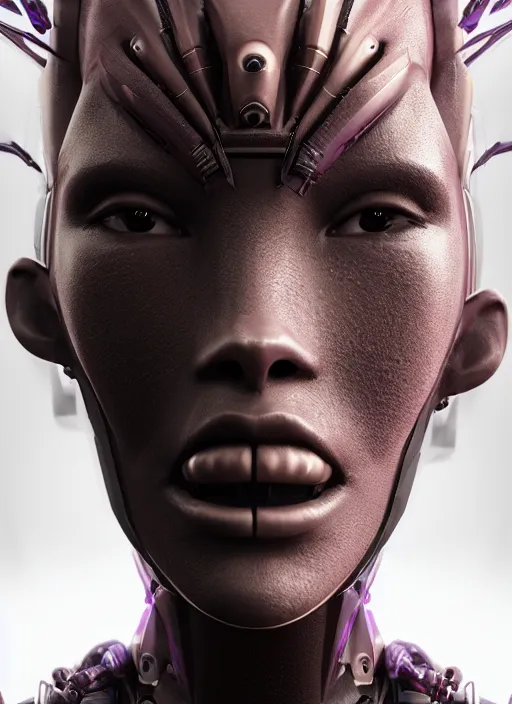 Image similar to beautiful portrait of an alien cyborg, style of Feng Zhu, Artstation geometric, aesthetic, smooth skin, unique features, symmetrical, intricate crown, high fashion, streetwear, cyberpunk, detailed, octane render, cinematic, 8k, purple skin, brown skin