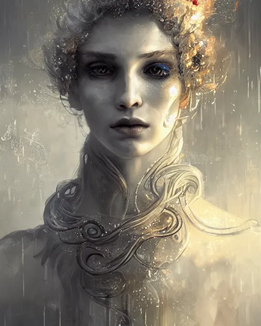 Prompt: a highly detailed portrait of beautiful pale female pyromancer radiating a majestic fiery aura, ornate silvered robes, wispy tendrils of smoke, intricate, digital painting, old english, raining, sepia, particles floating, whimsical background by marc simonetti, artwork by ramond swanland and liam wong