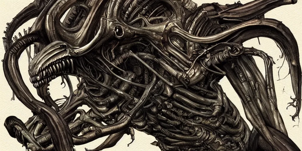 Prompt: “painting of xenomorph in the style of HR Giger”