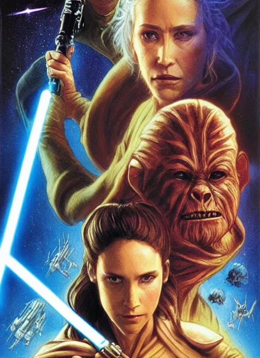 Image similar to movie poster by iain mccaig and magali villeneuve and drew struzan, a beautiful woman jedi master, highly detailed. star wars expanded universe, she is about 2 0 years old, wearing jedi robes. rancor. aliens. explosions.