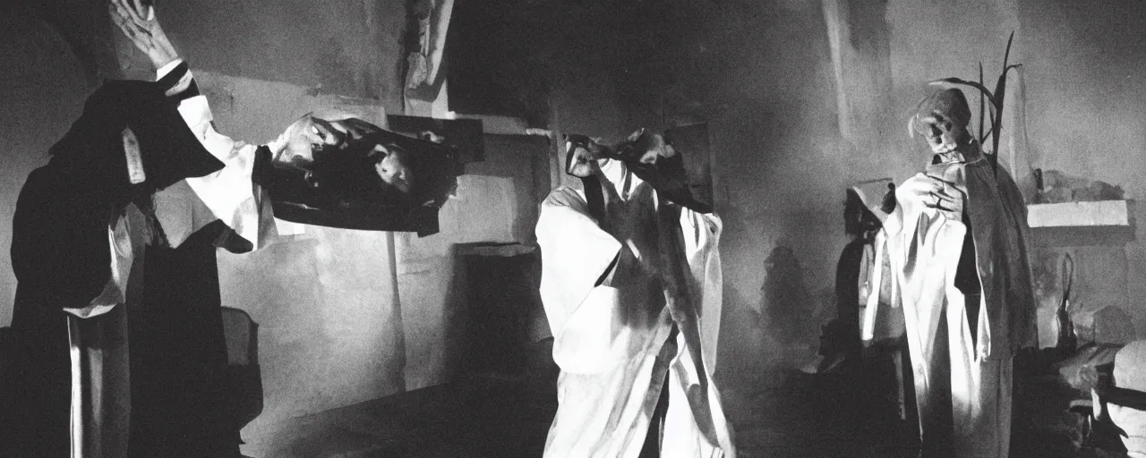 Image similar to priest performing exorcism, directed by John Carpenter