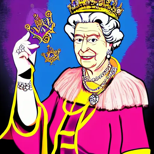 Image similar to The Queen of England Queen Elizabeth the Second in the style of Jojo's Bizarre Adventure, digital art, manga, colorful, intricate